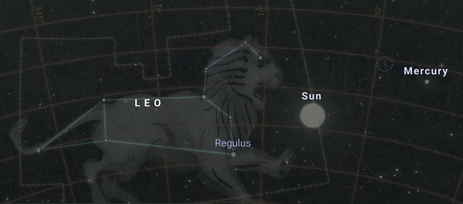 Sun and Mercury in Leo, August 11 2025, Screenshot from Stellarium app