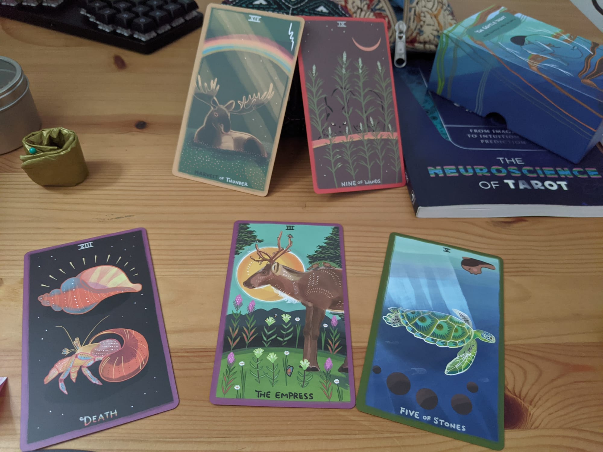 Past Present Future spread in response to Nine of Wands, from Gentle Tarot