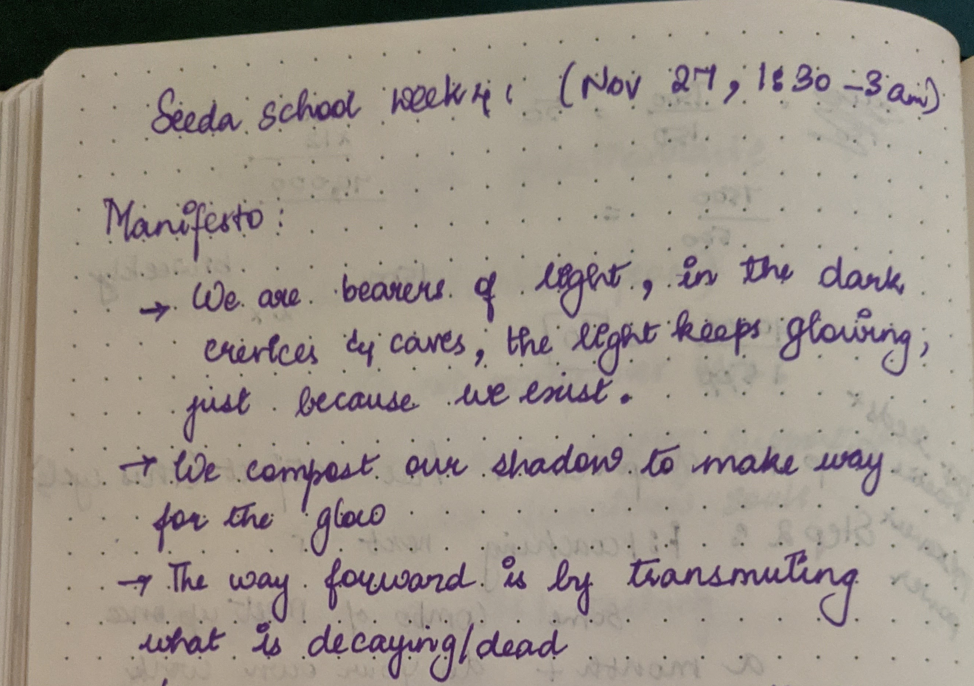 Partial snapshot from Kadir's notebook titled Seeda School Week 4, Nov 27, 1:30 am. Text repeated below.